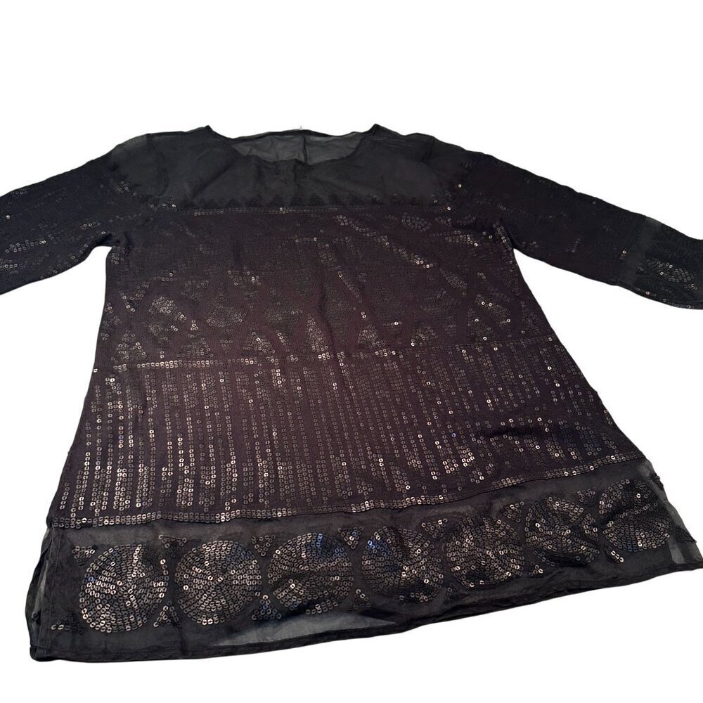 Adrienne Vittadini Collection Tunic Blouse Womens Sheer Sequin Top Long Sleeve